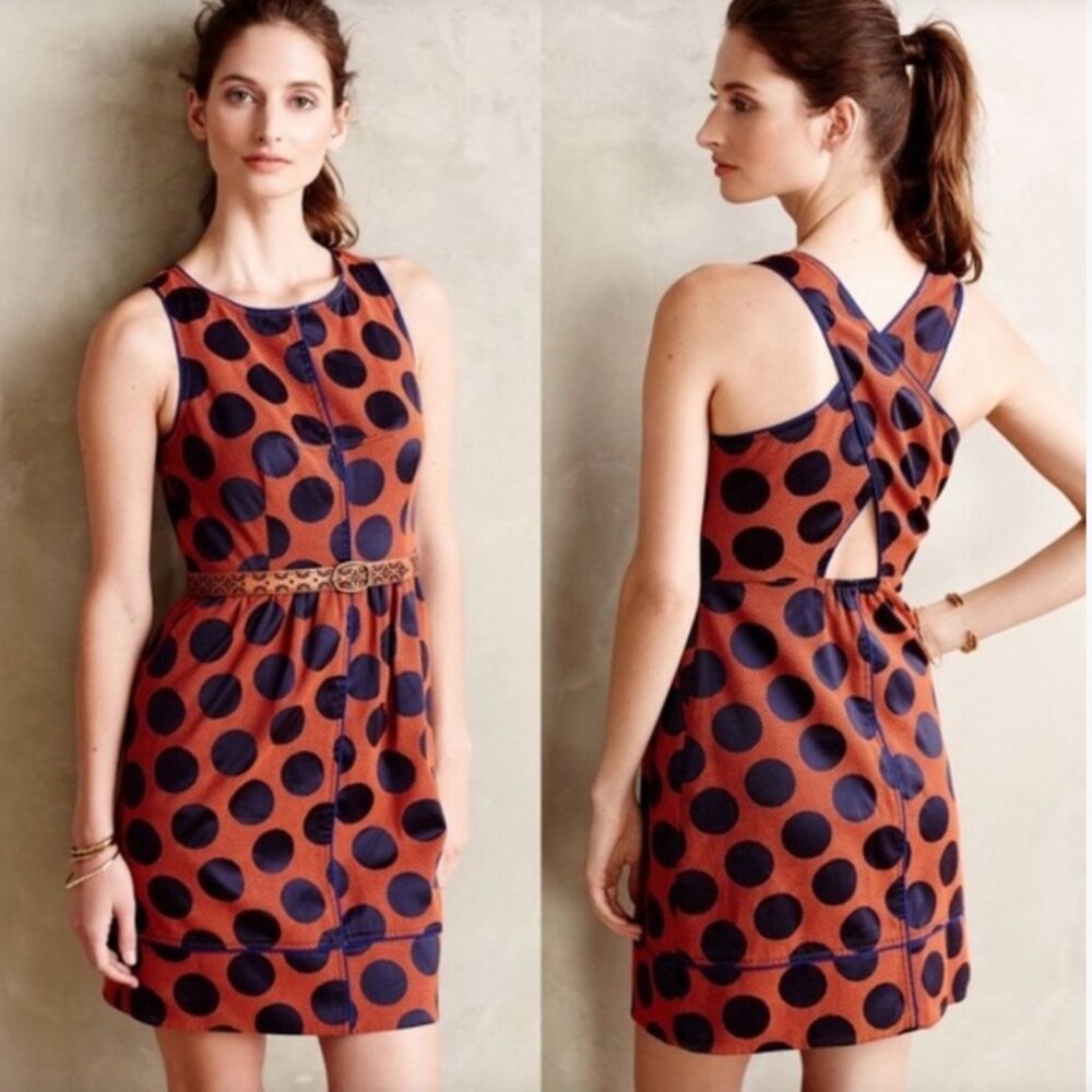 ANTHROPOLOGIE Mave Dress Orange and Navy Polka Dots
